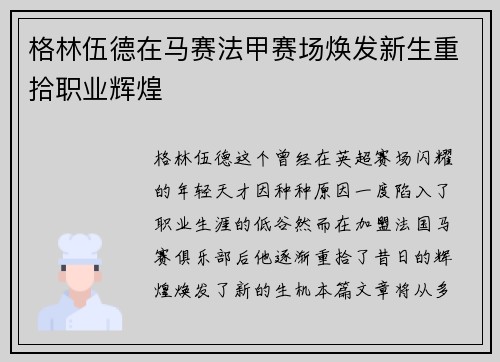 格林伍德在马赛法甲赛场焕发新生重拾职业辉煌