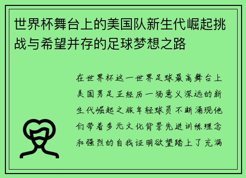 世界杯舞台上的美国队新生代崛起挑战与希望并存的足球梦想之路