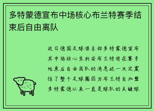 多特蒙德宣布中场核心布兰特赛季结束后自由离队