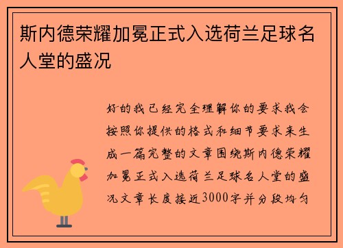 斯内德荣耀加冕正式入选荷兰足球名人堂的盛况