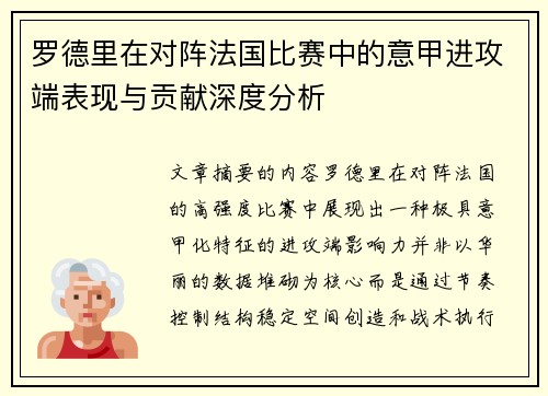 罗德里在对阵法国比赛中的意甲进攻端表现与贡献深度分析
